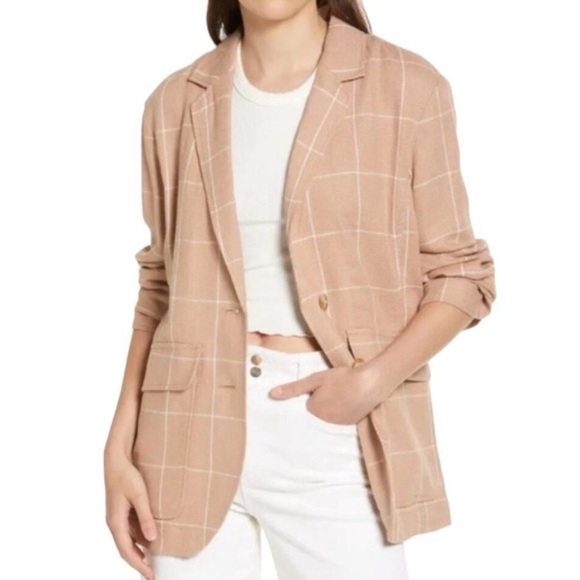 Madewell Breezewoven Larsen Blazer Small Linen Blend Windowpane Sandstone Pink - Picture 1 of 13